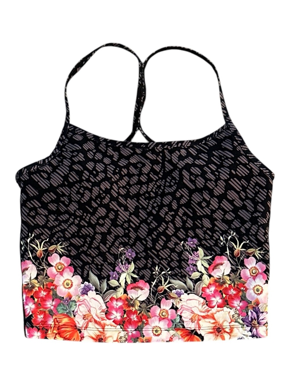 Johnny Was Active Floral Border Print Crop Tank Sports Bra Black M